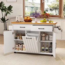 White Wood 58 In. Rolling Kitchen Island Kitchen Cart with Tilt-Out Trash Cabine