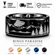 UFO Alien Ring Sci-Fi Space Engraved Tungsten Wedding Band - 8mm,10mm,12mm