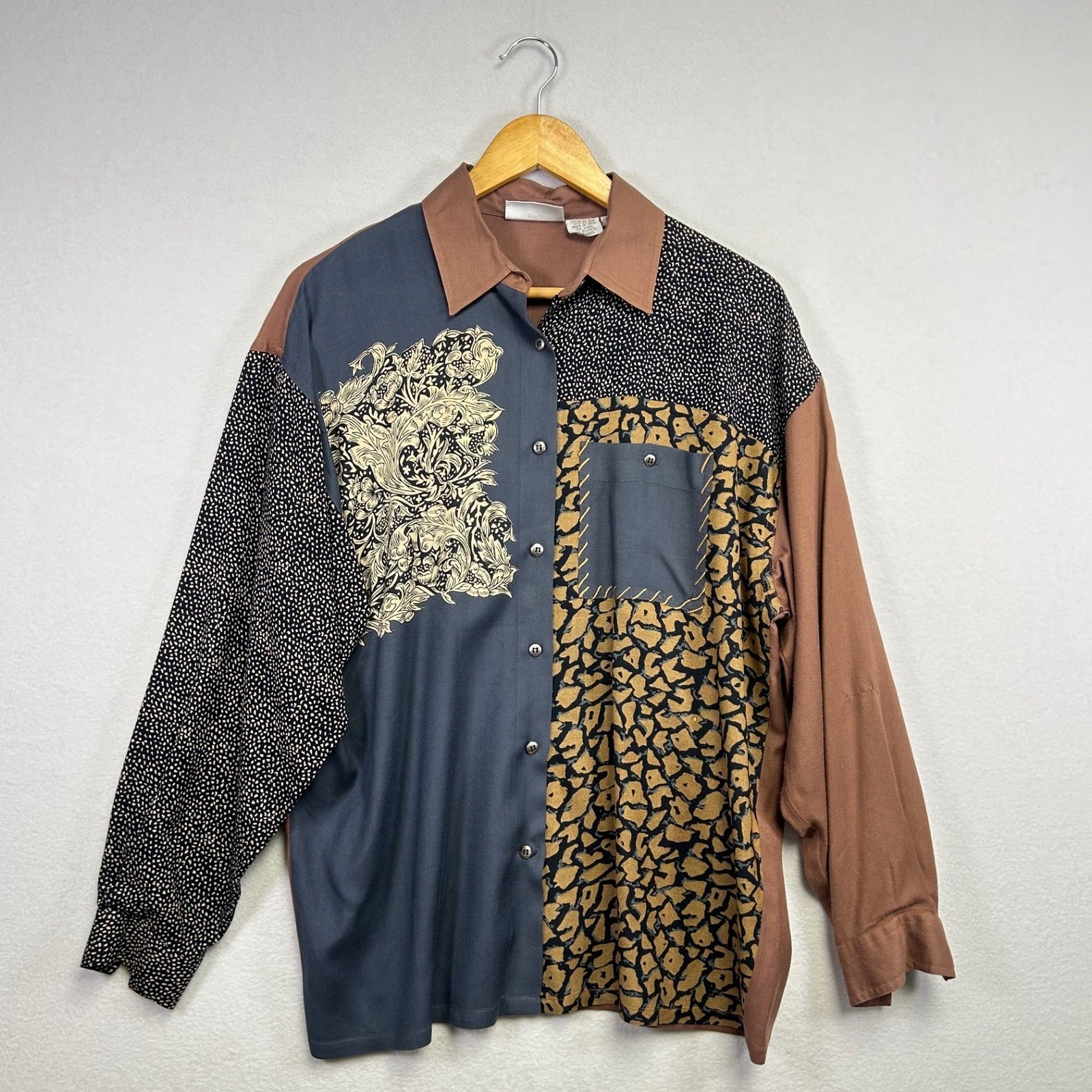 Vintage Together Patchwork Print Button Down Shir… - image 1