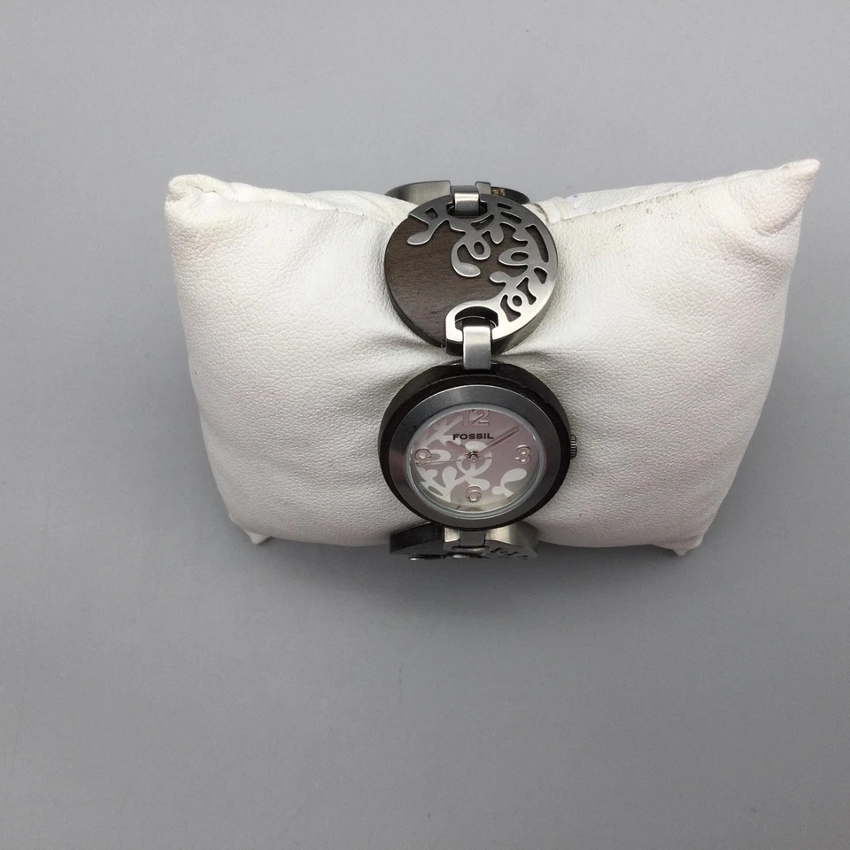 Disco de madera Fossil para mujer 27 mm tono plata eslabones florales ES-2051 batería nueva 5,75" Foto 3 de 4