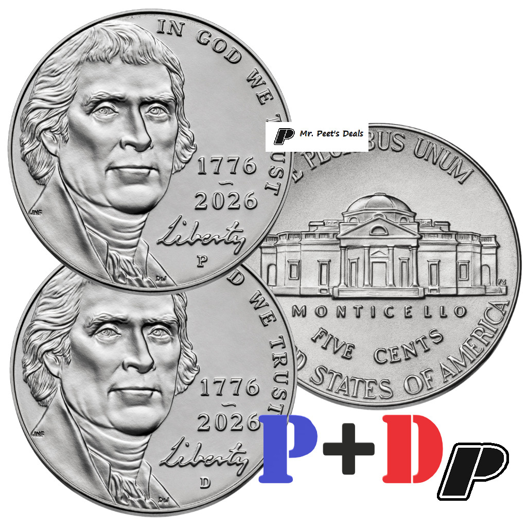 (2 Coins) 1776-2026 P&D Semi-Quincentennial Jefferson Nickels from Rolls PRESALE