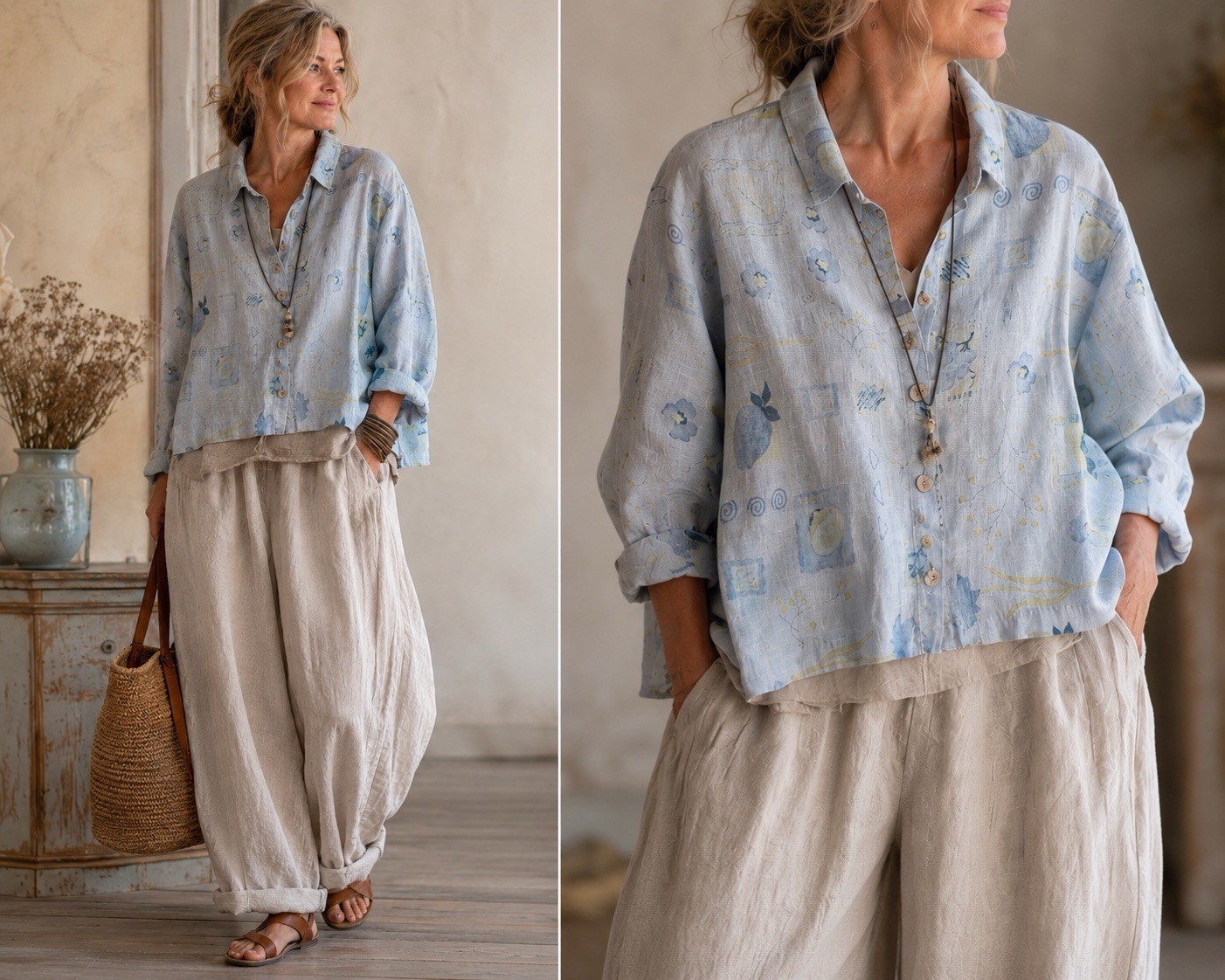 Vintage Sweet Jessie 100% Linen Artsy Coastal Button Up Top XL Lagenlook
