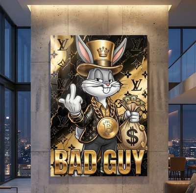 Pop Art Gold Bugs Bunny BAD GUY Kunst, Wandbild Acrylglas, Leinwand, Poster Bild