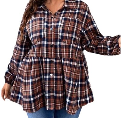 Shein Curve Womens Plaid Flannel Shirt Button Snap Babydoll Blouse Western 2X