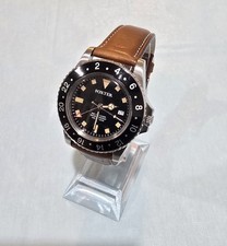 FOXTER GMT Pro Diver Style Watch Black Dial Date Brown Leather Strap
