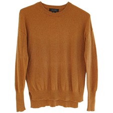 Tahari 100 2 PLY Cashmere Size S Orange Crew Neck Hi Lo Hem Long Sleeve Sweater