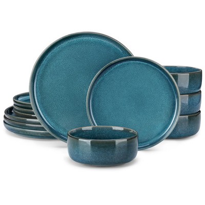 12pc Ceramic Plate Set Blue Reactive Glaze Vertical edge Tableware Set incl Bowl