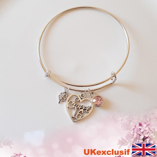 Birthday Gifts Adjustable Silver Bracelet Sweet 16 Heart Clover Charms For Her - Picture 4 of 5