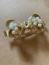 Vintage Gold Metal Bow Hair Clip Barrette. Pearl Rhinestone. Japan