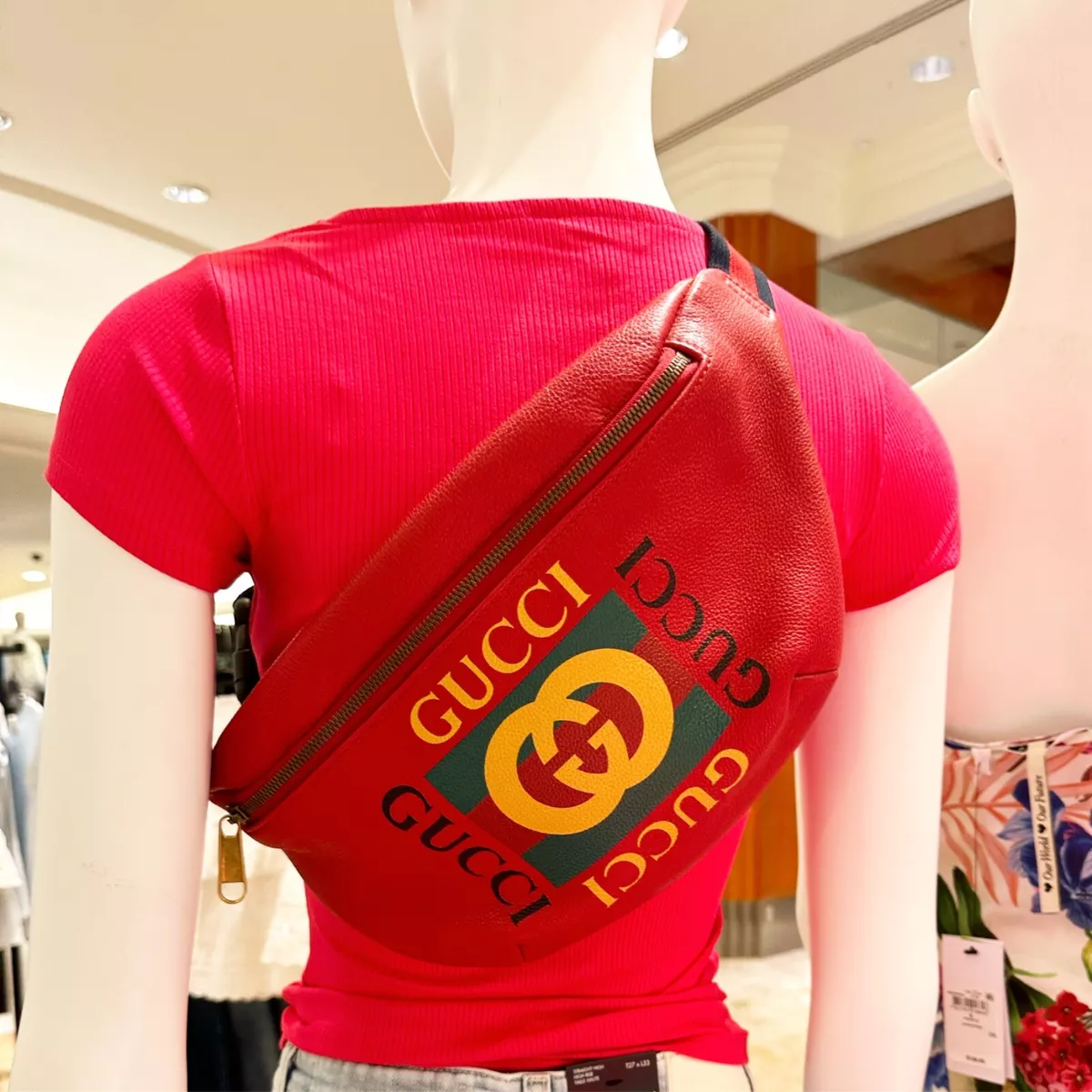 GUCCI Grained Calfskin Large Logo Belt Bum Bag Hibiscus Red 