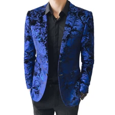 Men Floral Velvet Suit Blazer Coat Dress Jacket Top Stage Showman Costume Slim