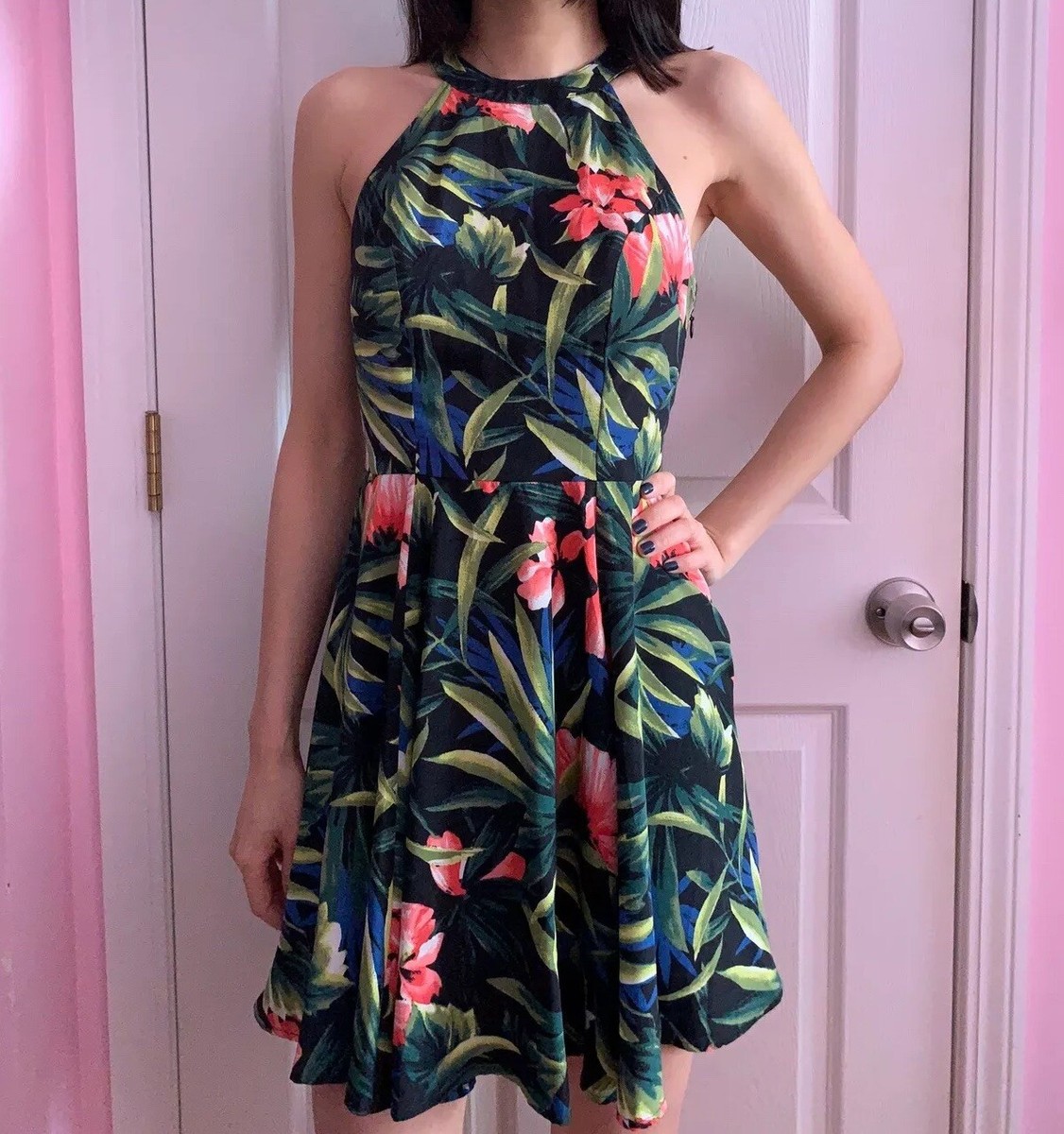hollister green floral dress NWT HOLLISTER Green Floral Off Shoulder Dress Large Mini Dress V Neck T55