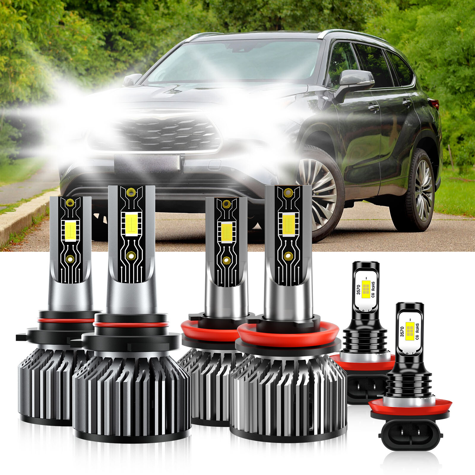 For Toyota Highlander 2014-2019 LED Headlight High Low Beam+Fog Light Bulb Combo