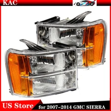 For 2007-2014 GMC Sierra Chrome Housing Amber OE Style HeadLights Lamps Set