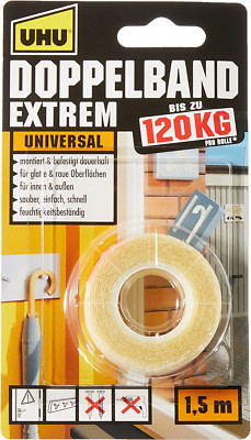 UHU Doppelband Extrem, Extrem Hohe Klebekraft Von 120 Kg/ Rolle, 1,5 M X 19 Mm