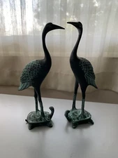 Chinese Bronze Crane And Turtle Statue Pair Vintage