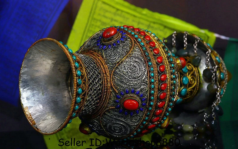 Jarrón botella tesoro gema coral turquesa con incrustación de alambre de plata antiguo Tíbet Nepal de 12,8" Foto 2 de 4