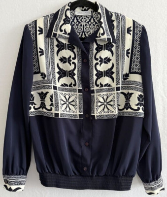 Three Flags Jacket Women Medium Large Blue Multicolor Button Up Shoulder Pads