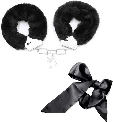 DMQ Metal Handcuffs with 2 Keys,Satin Headband Pearl Headband Satin Blindfold Play,