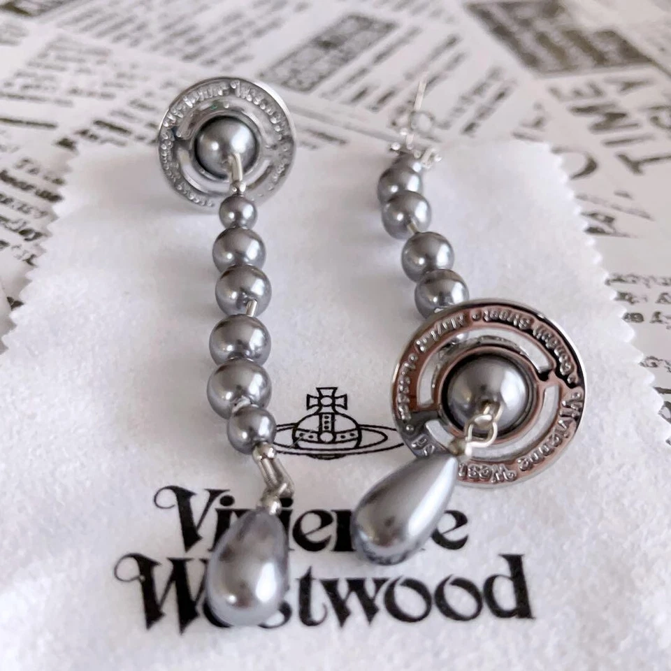 Vivienne Westwood Long Pearl Earring Silver Gray Orb Drop with drawstring NoBox - Image 3 of 4