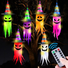 6 Pcs Lighted Hanging Witch Hat Ghost Halloween Decor 8 Mode Remote Control 13
