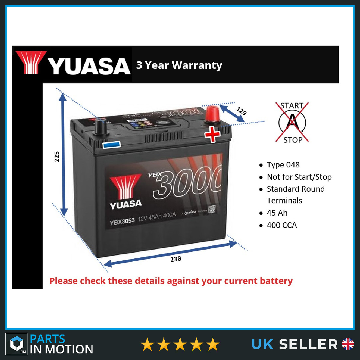 Car Battery YBX3053 Yuasa 048 400A 45Ah 3Yr Warranty 238x129x223 SMF