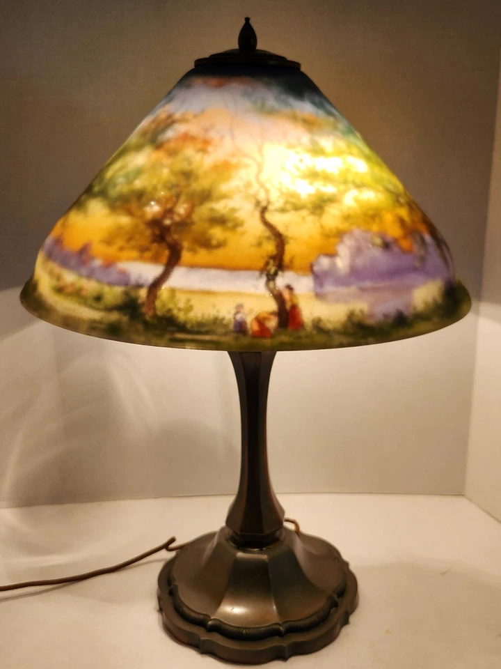 LARGE PAIRPOINT REVERSE PAINTED LAMP WITH A BEAUTIFUL NATURE SCENE - Image 2 of 4