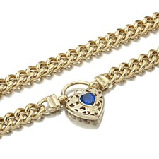 18K GL Solid Curb Yellow Gold Necklace Filigree Heart Padlock Sapphire Blue Gem