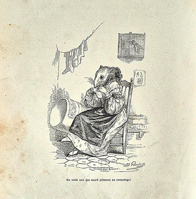 Alte Holzstich-Grafik, J.J. Grandville 1842, Orig-Druck, Ratte, Flicken, Satire