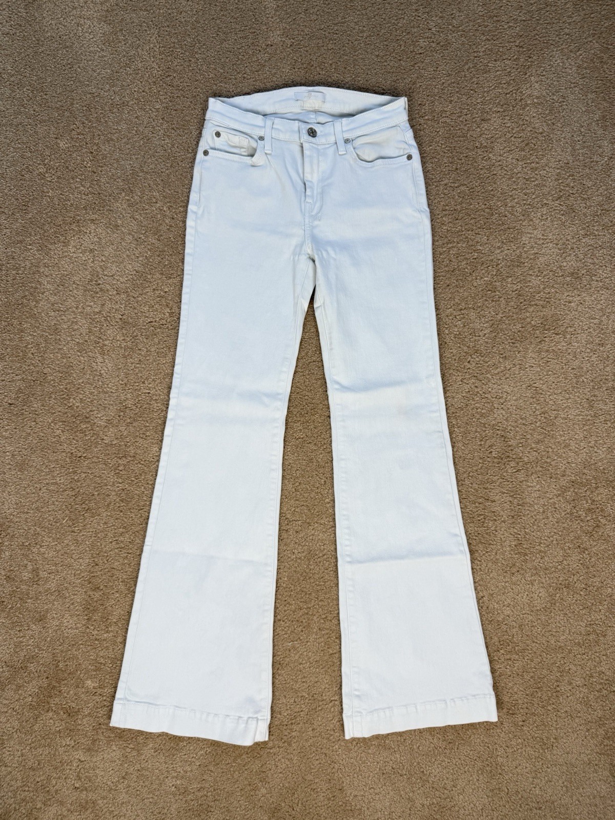 7 For All Mankind Dojo Tailorless White Flare Jeans Women’s 27 Stretch Denim
