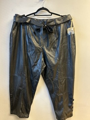 NWT Ryegrass Womens Black Faux Leather Pants Sz 20W Belted Button Ankle Sexy