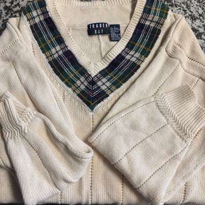 Trader Bay Men's Cable-Knit V-Neck Plaid Pullover Sweater Ivory Green L