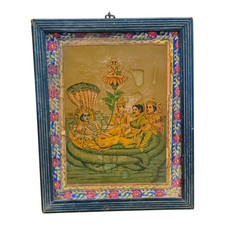 Vintage Old God Visnhu Ji Litho. Paper Print With Wooden Frame , Collectible