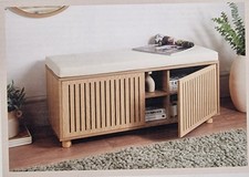 2-Door Book Shoe Storage Bench Cushion Seat Slatted Doors With Shelve Oak Finish