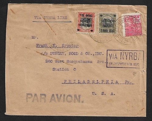 BRAZIL RECIFE TO PHILADELPHIA US AIR MAIL NYRBA LINE OVPT STAMPS ON COVER 1930 - 第 1/2 張圖片