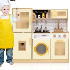 Wooden Kids Kitchen Playset Pretend Play Kitchen w/ Real Sounds Lights Pink