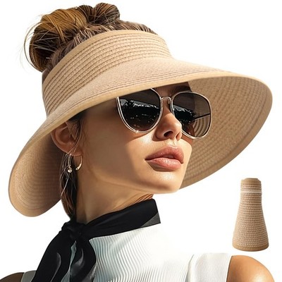 PFFY Sun Visors Hats for Women Wide Brim Straw Visor Packable One Size, Khaki