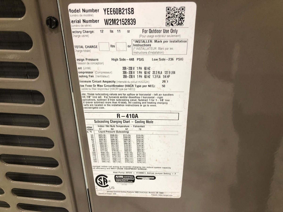 YORK YEE60B21S 5 TON SPLIT-SYSTEM HEAT PUMP 208-230/60/1