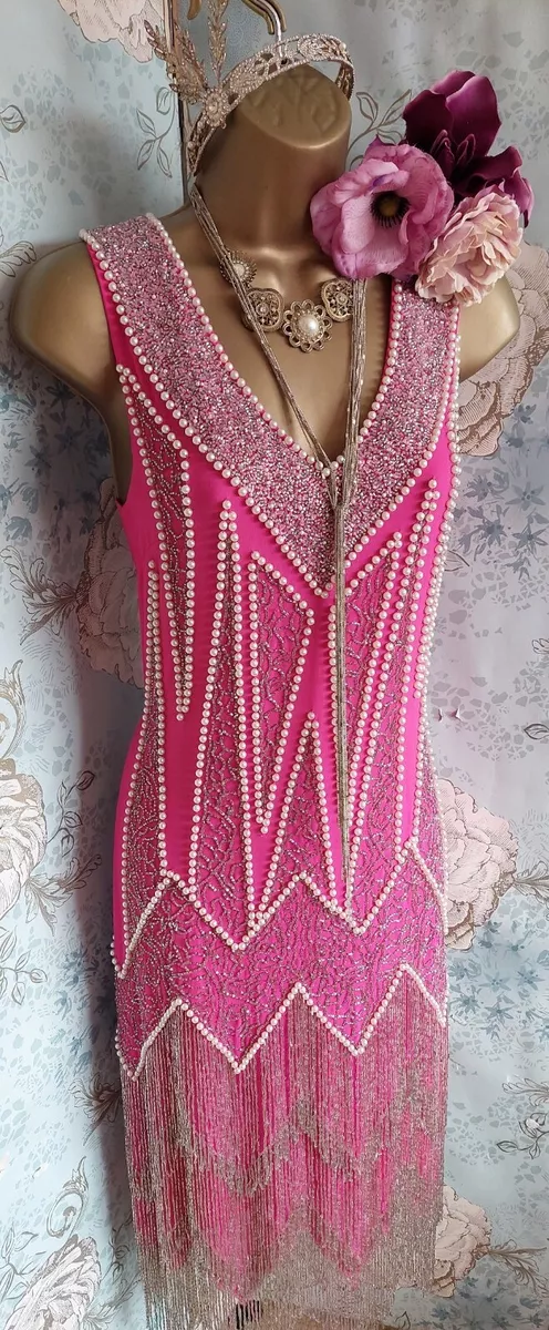Miss selfridge Rare beaded pink Silver Deco 20s gatsby flapper