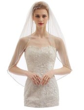 Womens 1 Tier Fingertip Length Short Crystal Beaded Wedding Bridal Veil With ...