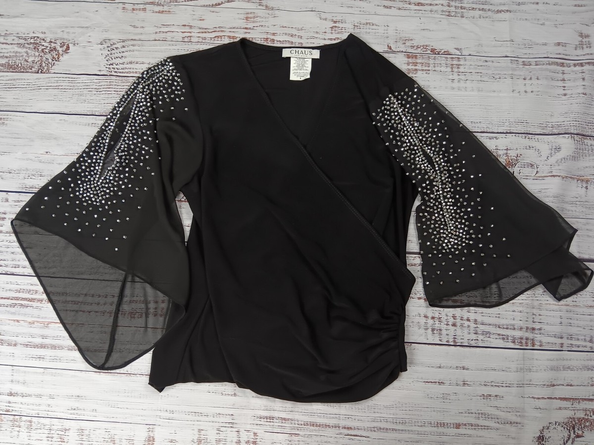 Chaus New York Blouse Women's Small Embellished Chiffon Black 3/4