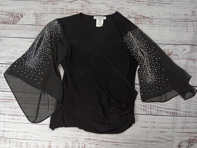 Chaus New York Blouse Women's Small Embellished Chiffon Black 3/4 Sleeve Wrap 