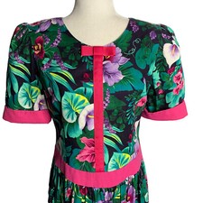 Vintage 80s Dress Womens S Black Pink Short Sleeve Tropical Floral Swing Party