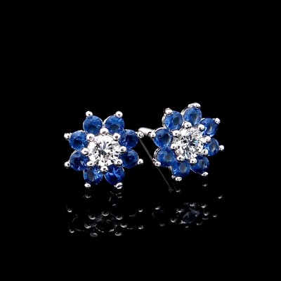 SIMULATED DIAMOND SAPPHIRE CLUSTER FLOWER EARRINGS 14K WHITE GOLD SCREWBACK