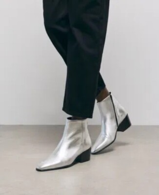 NIB The Kooples Silver Metallic Ankle Boots Sz 36 Side Zip Block Heel Booties