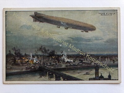 AK Zeppelin Bomben über London sign. Hans Rudolf Schulze Zeppelin um 1915