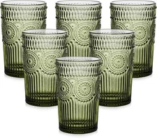 Vintage 13oz Green Textured Flower Glass Tumblers,Set of 6