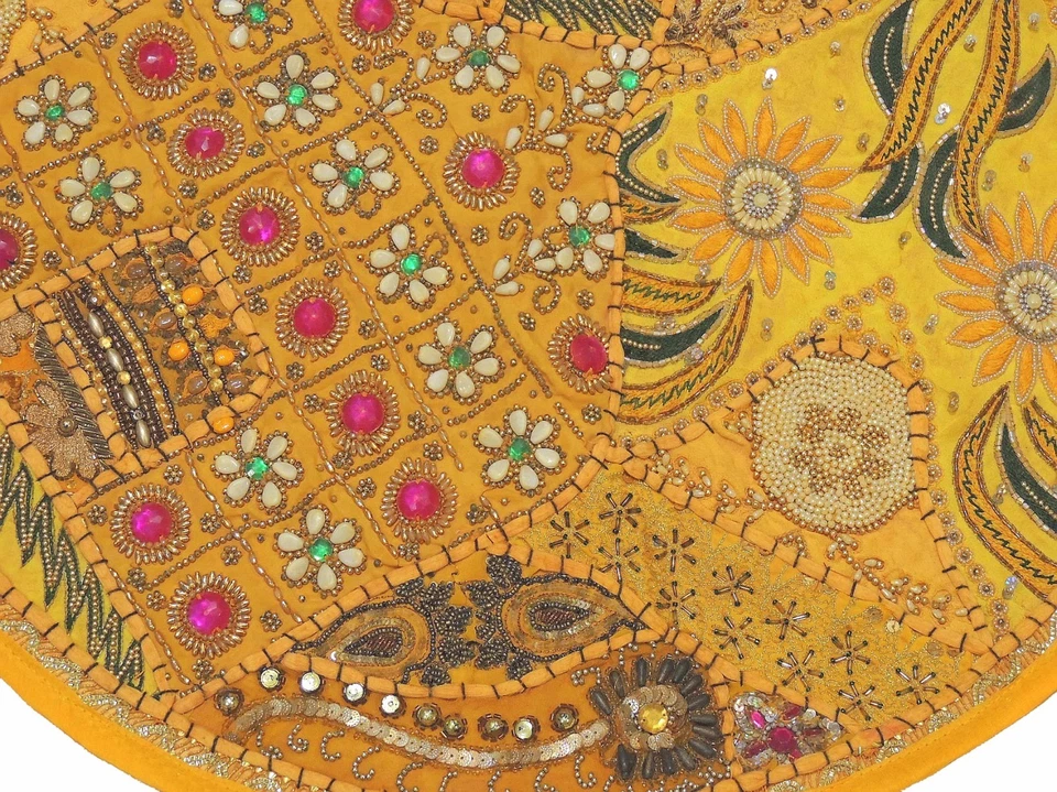 Yellow Decorative Round Floor Pillow Cover Living Room Seating Sari Cushion 26" - Image 2 of 3