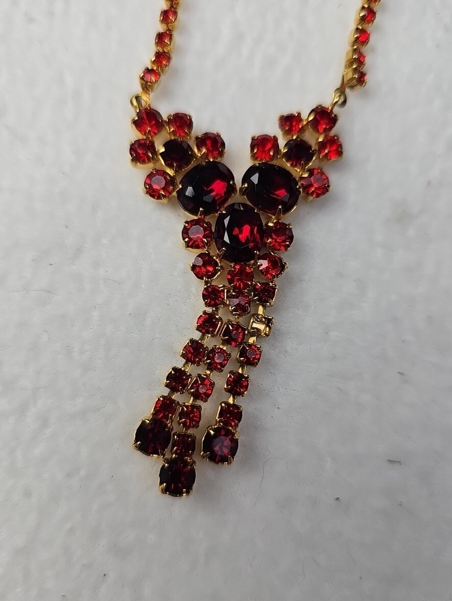 Faux Ruby Red Statement Necklace 16-17” Earrings … - image 8