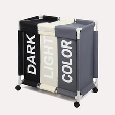 3 Section Laundry Basket Hamper Clothes Organizer Light Dark Colour With Wheels
